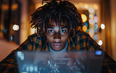 Wall Mural - A man with dreadlocks is looking at a laptop. Concept of focus and concentration as the man stares at the screen