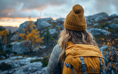 Wall Mural - A woman wearing a yellow hat and a backpack is standing on a rocky hillside. The sky is cloudy and the sun is setting