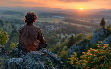 Wall Mural - A man is sitting on a rock and looking at the sun. The scene is peaceful and serene, with the man in a brown shirt and the sun setting in the background