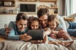 Happy young family having fun time at home. Parents with children using digital device, Generative AI