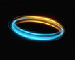 Shiny vortex rings shimmer on a transparent background. Sparkling circles with light effect. Light circle swirl neon lighting effect, spiral light lines.	