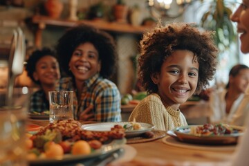 Happy multiethnic multigeneration family having fun together around kitchen table, Generative AI