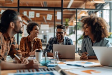 Wall Mural - Smiling diverse colleagues gather in boardroom brainstorm discuss financial statistics together, Generative AI