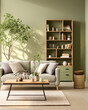 Sofa and bookcase near green wall. Scandinavian interior design of modern living room, home.