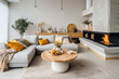 Grey corner sofa with vibrant orange pillows near fireplace. Minimalist interior design of modern living room, home.