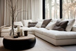 Sofa with grey pillows near window dressed with curtain. Minimalist interior design of modern living room, home.