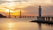 Sunset over the sea with a bridge and a lighthouse