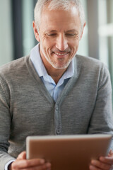 Poster - Happy, business and mature man on tablet in office for planning, schedule and research for goals of company growth. Male person, digital technology and data with information for project development