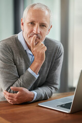Poster - Mature man, home office and thinking with laptop for online research, ideas and vision as business developer. Portrait, internet and strategy for company growth or opportunities for reviews and plans
