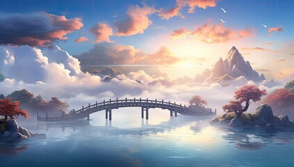 Wall Mural - Golden Crossing: Bridge Over River with Glorious Sunset as Backdro