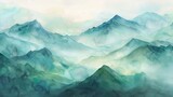 Fototapeta  - Watercolor depiction of mountains shrouded in morning mist, with soft green and blue tones to soothe and calm patients