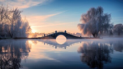 Poster - A bridge over a river with a sun setting in the background