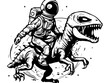 Astronaut flies to aliens tyrannosaur, coloring book style. Raster, generative ai.