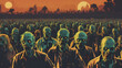 zombie crowd walking at night, halloween concept. AI generated image, ai.