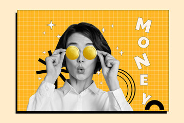 Canvas Print - Creative picture collage young woman money earnings profit income golden coins eyewear amazed reaction wow checkered background