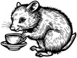 Coloring book image. Rodent hamster drink tea, friends relax. Raster, generative ai.