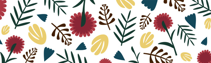 Floral pattern.Seamless background with plant elements. Wallpaper of leaves and flowers. Bright print for textiles and wrapping paper. Botanical texture. Vector illustration	