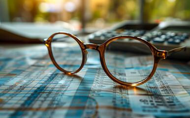 Wall Mural - Glasses and calculator on the financial newspaper with sunlight business and finance concept