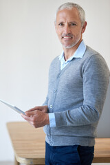 Poster - Happy and mature businessman in portrait with tablet for leadership, email and connection in office. Male person, ceo or entrepreneur with technology for management, consultation and career advice