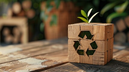 the eco symbol on a wooden cube arranged for alternative clean energy utilization