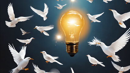  AI generated  light bulb image.  concept. Pigeons around light bulb