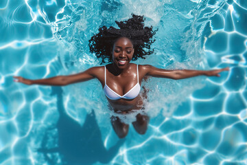 black woman in bikini enjoying the swimming pool, rippling blue water