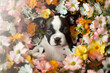 Cachorro de perro rodeado de flores.