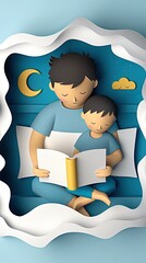 A child, sitting next to his father in bed. The child is reading a bedtime story to daddy.