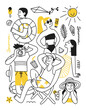 Summer vacation concept. Summer vibe. People, men and women on the beach, sun, cocktail, beach hat, bikini. Vector doodle illustration for poster, print, banner