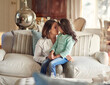 Love, mother and girl child in home on sofa for care, connection and family bonding together in living room. Mom, kid and relax in lounge for healthy relationship, trust or support of parent in house