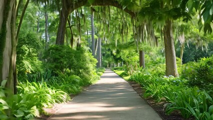 Poster - A serene walkway meandering through a lush landscape of green trees and plants, A grand cypress walkway in a vibrant park during summer