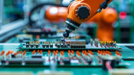 Poster - Close-up of a high-precision robot arm in a modern factory. Production of electronic devices, automated modern PCB assembly line.