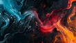 Abstract grainy poster background in black, blue, orange, and red with vibrant colour waves and dark noise texture for cover header design.