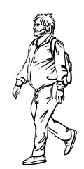 Wall Mural - Unshaven shaggy adult walking man with belly and backpack, Vector sketch isolated, Hand drawn illustration