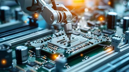 Poster - Close-up of a modern manipulator robot in a modern high-tech electronics factory. Manufacturing and Installation of components on an automated PCB assembly line