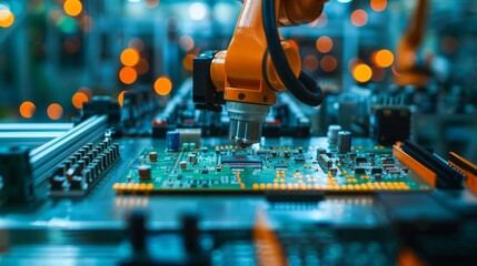 Poster - Close-up of a high-precision robot arm in a modern factory. Production of electronic devices, automated modern PCB assembly line.