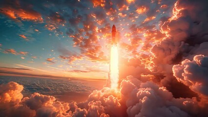 A businessman launches a rocket from his hand into the sky, symbolizing growth, fast success, and startup business.