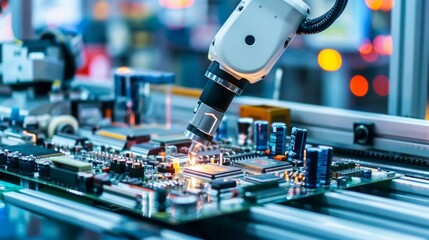 Poster - Close-up of a high-precision robot arm in a modern high-tech factory. Production of electronic devices, automated modern PCB assembly line