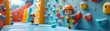 Enthusiastic 3D cartoon of children on a climbing wall in a playground, showcasing adventure and fun