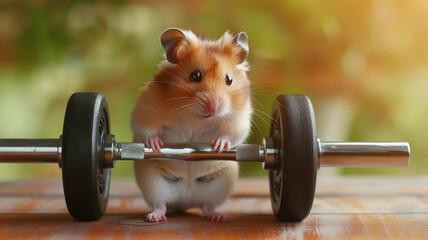Wall Mural - Funny hamster lifts a barbell, humorous background image of an athlete's mouse
