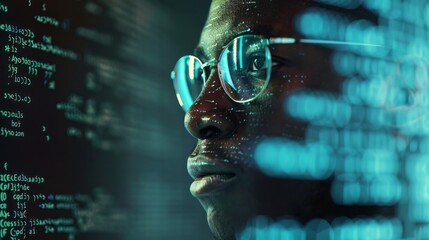 Aufkleber - Close-up of a black Man, programmer, IT specialist, Analyst with glasses, reading an html script in the office. Software, cybersecurity, digital code, information modern technology concepts