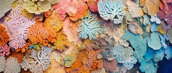Wall Mural - Aerial shot of a coral reef experiencing bleaching, showcasing a patchwork of vibrant and faded corals from above,