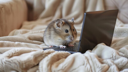 Wall Mural - Cute fluffy hamster is sitting on the couch and looking at a laptop, humorous background image close-up