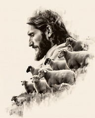 Wall Mural - Double exposure image of Jesus Christ, the good shepherd and flock of sheep