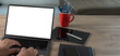 Close up of man hands computer blank screen Mockup device screen template