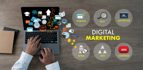 Poster - tablet-using online businessman utilizing digital marketing analysis digital search engine optimizat