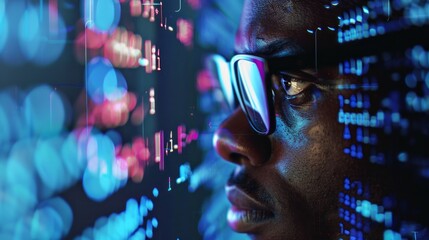 Aufkleber - Close-up of a black Man, programmer, IT specialist, Analyst with glasses, reading an html script in the office. Software, cybersecurity, digital code, information modern technology concepts