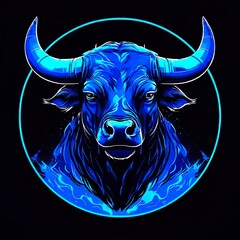 Logo for the holiday of San Fermin. Image of a blue bull inside a blue circle in blue flames on a black background. Neon blue round. Line art