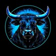 Logo for the holiday of San Fermin. Image of a blue and black bull inside a blue abstract circle on a black background. Line art
