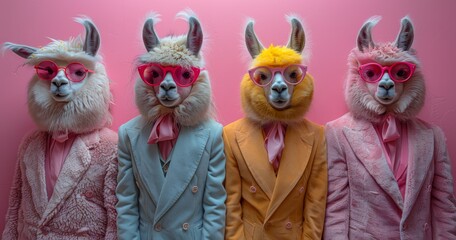 4 funny white lamas in colorful suits and pink glasses